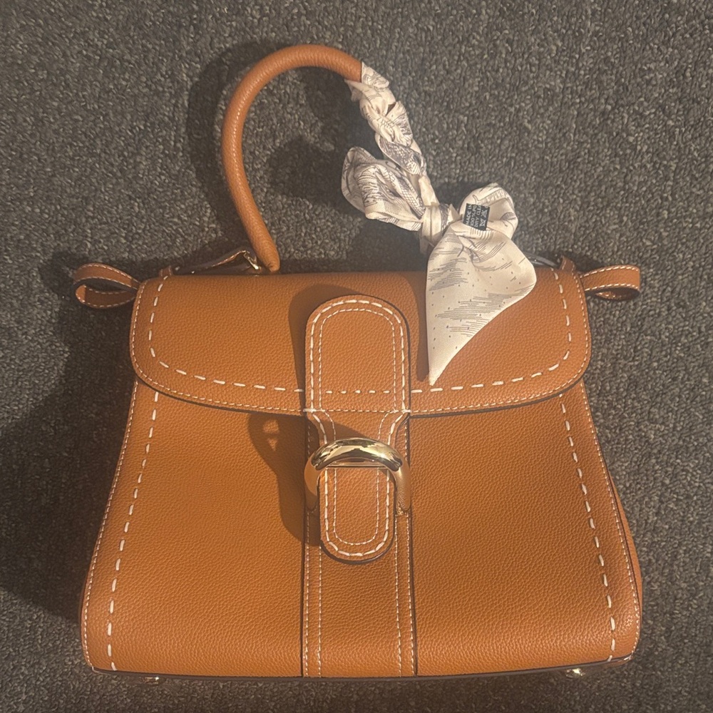 Designer Inspired Top-Handle Satchel Handbag in Tan with Gold Hardware with belt